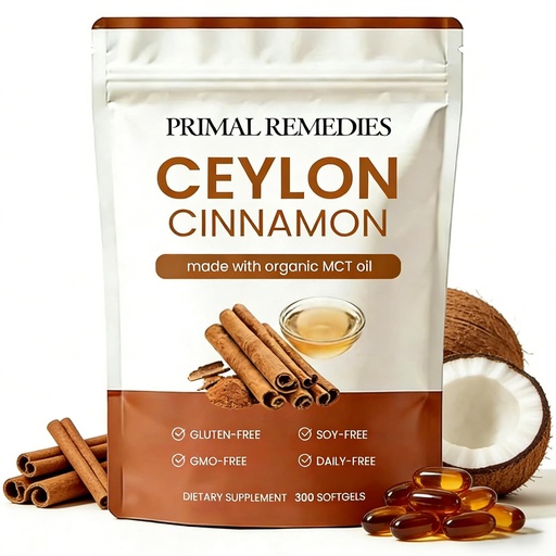 [BRSRGBQFAQCRMCLA] Ceylon Cinnamon Made with MCT Oil – 300 Softgels, Primal Remedies Ceylon Cinnamon Capsules, Non-GMO & Gluten Free (1 PCS)