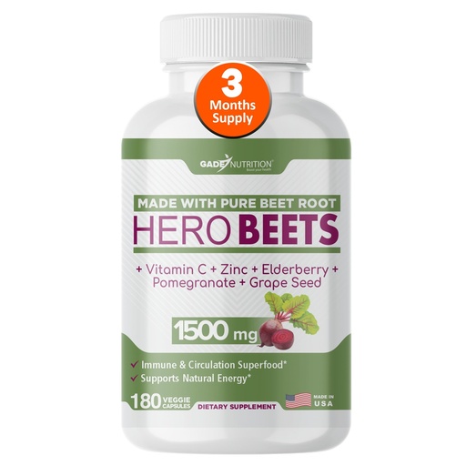 [BRSWYEIQAECRME3V] Gade Nutrition Hero Beets - Beet Root Capsules 1500mg - Organic Beet Root Powder + Vitamin C Zinc, Elderberry, Pomegranate, Grape Seed Extract - 3 Months Supply