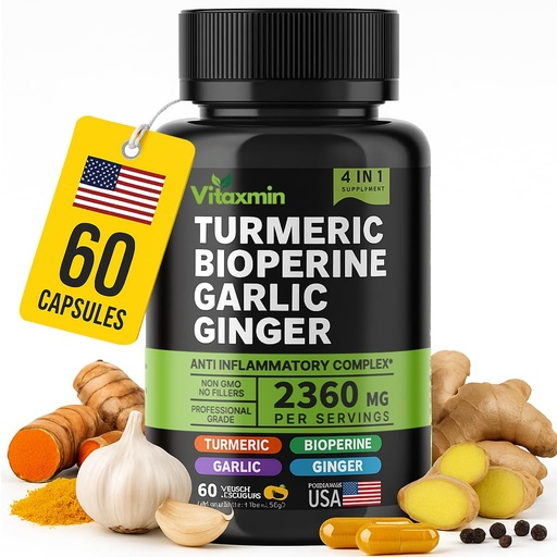 [BRSREFAZAV7AOHTG] Turmeric Curcumin Supplement with BioPerine & Garlic - 2360mg High Potency Turmeric Ginger Root Capsules for Joint Support, Immune Health & Anti Inflammatory - 60 Veggie Caps