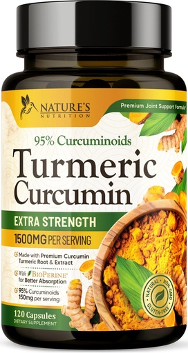[BRSRE2YBBYARUADV] Turmeric Curcumin Supplement 1500mg - Organic Tumeric & BioPerine Black Pepper for Best Absorption with 95% Curcuminoids, Nature's Joint & Immune Support, Non-GMO, Bottled in USA - 120 Capsules