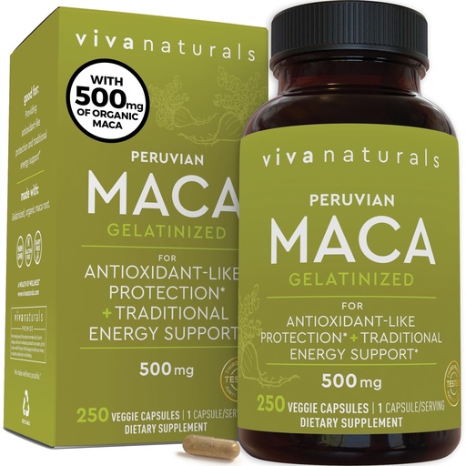 [BRSWKZDYAQEBKCTE] Viva Naturals Peruvian Maca Root Supplement for Women & Men, 500mg - Traditionally Used for Energy, Stamina & Endurance - 250 Yellow Maca Root Powder Capsules, Gelatinized for Easier Digestion