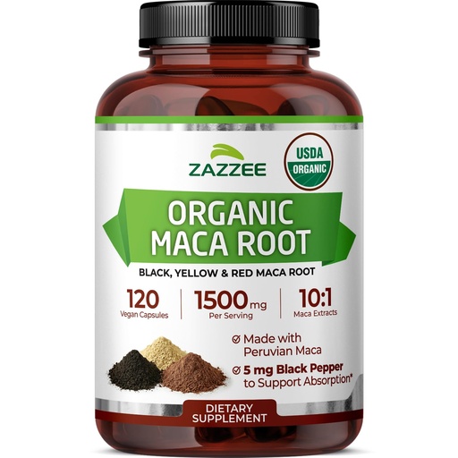 [BRSRGGIBDENAIEYV] Zazzee USDA Organic Maca Root 10:1 Extract, Red, Black & Yellow Maca, 1500 mg per Serving, Peruvian, 120 Vegan Capsules, Black Pepper Extract, Maca Peruana, Energy & Stamina Support, Made in the USA