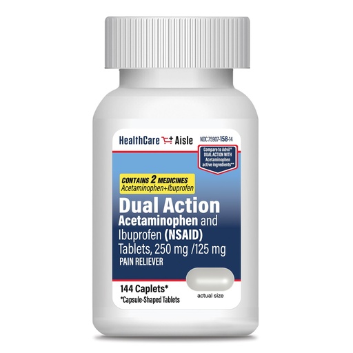 [BRSRAHA3BAPWGHTG] HealthCareAisle Dual Action Acetaminophen and Ibuprofen (NSAID) Tablets, 250 mg /125 mg Pain Reliever - 144ct Caplets