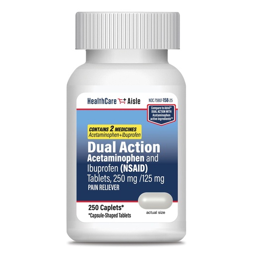 [BRSRAHA3BV6QMCY7] HealthCareAisle Dual Action Acetaminophen and Ibuprofen (NSAID) Tablets, 250 mg /125 mg Pain Reliever - 250ct Caplets