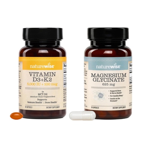 [BRSRGYDYBAIAY2DZ] NatureWise Vegan Vitamin D3 5000IU + K2 with Organic Coconut MCT Oil - USA Manufactured - 30 Softgels[30-Day Supply] Magnesium Glycinate 625 mg - Vegan - 30 Capsules[30-Day Supply]