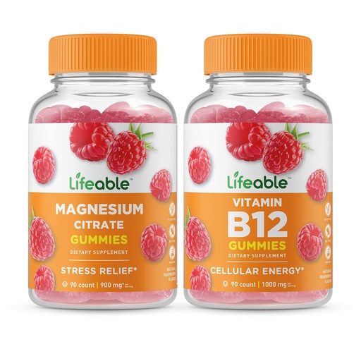 [BRSW2H33BF7BSEY4] Lifeable Magnesium + Vitamin B12, Gummies Bundle - Great Tasting, Vitamin Supplement, Gluten Free, GMO Free, Chewable Gummy