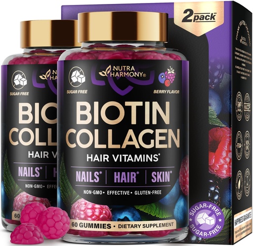 [BRSRAAD2OACG2FDD] Biotin Gummies with Collagen - Hair Growth Support Skin, & Nail Strength - for Women & Men - Biotin 10000mcg | Keratin | Hyaluronic Acid | B-Complex | Saw Palmetto - Sugar-Free, Mixed Berry, Pack of 2