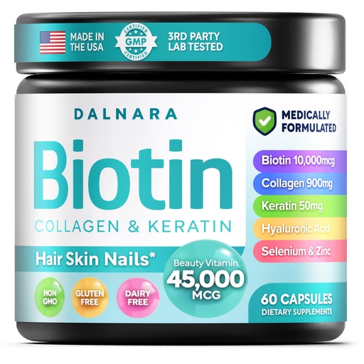 [BRSREHT7CANRS2T7] Biotin Collagen & Keratin – Hair, Skin & Nails Vitamins, 45,000 MCG Vitamin Complex (A, B1, B2, B3, B6, B7, C & E)–Biotin for Hair Growth for Women & Men, Hair Vitamins-60 Capsules–Made in USA