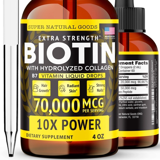 [BRSW2BIPCR7W233K] Super Natural Goods Liquid Biotin & Collagen 70,000mcg Hair Growth Vitamin Drops - Radiant Skin, Strong Nail Support - High Potency Hair Loss Supplement for Damaged Strands, for Men & Women (4oz)