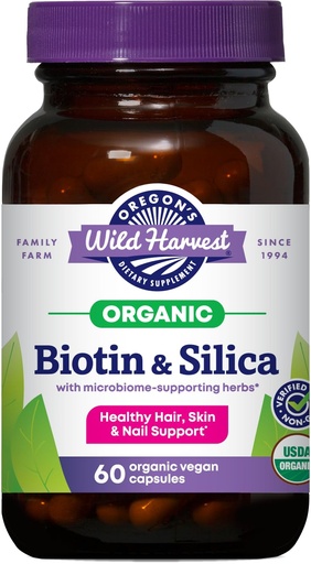 [BRSREHQKDEAWAYLL] Oregon's Wild Harvest Biotin & Silica USDA Certified Organic Vegan Capsules for Hair, Skin & Nail Support with Microbiome-Supporting Herbs Non-GMO 60 Count