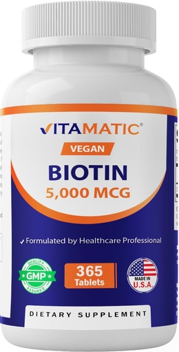[BRSROBA3PMOQ4CYY] Vitamatic Biotin 5000mcg (5 mg) for Stronger Hair, Skin & Nails - 365 Vegan Tablets- Also Called Vitamin B7
