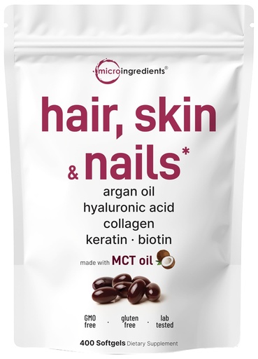 [BRSREZQBCACRMDQV] Micro Ingredients Hair Skin and Nails Vitamins for Women & Men | 400 Softgels with MCT Oil | 22-in-1 Argan Oil, Hyaluronic Acid, Collagen, Keratin & Biotin Complex | Natural Hair Growth Support