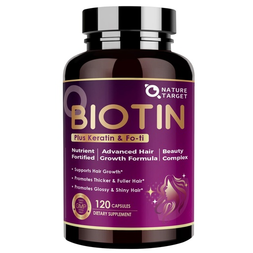 [BRSREGAYDIMQKFL3] NATURE TARGET Biotin 10000mcg Hair Growth Vitamins – Maximum Strength Hair Growth Supplement with Collagen, Keratin, Fo-Ti, MSM, Zinc & B Vitamins for Thicker, Stronger Hair, Skin & Nails