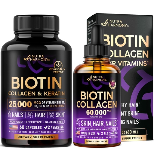 [BRSRMBQ7O4AQ2D3A] NUTRAHARMONY Biotin, Keratin, Hyaluronic Acid Capsules & Biotin, Collagen Drops