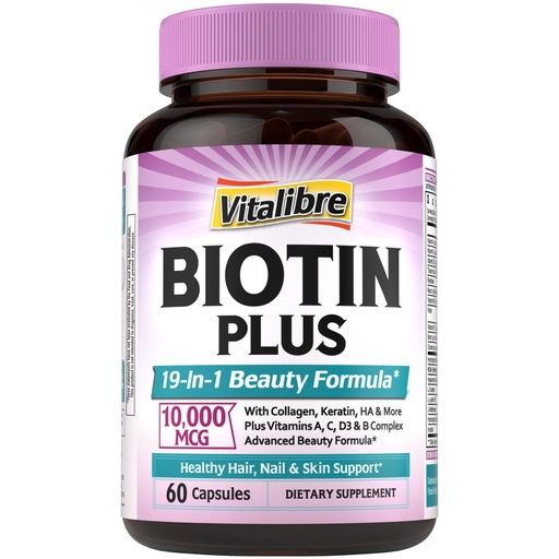 [BRSREEL3BMCAEGTA] Vitalibre Biotin 10000mcg, Vitamin B7, Hydrolyzed Keratin, Hyaluronic Acid, Collagen, Amino Acids, MSM, Vitamins A, C, D3, B Complex, Hair, Nail, Skin, for Women & Men, 60 Caps