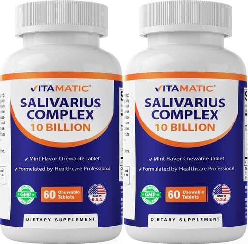 [BRSREFA7BN7WAF3V] Vitamatic Salivarius Complex 10 Billion Chewable Mint Flavored Tablet - 60 Count - Oral Health Chewable Probiotics + Prebiotics - Supports Healthy Teeth, Gums, & Better Breath-2 Pack