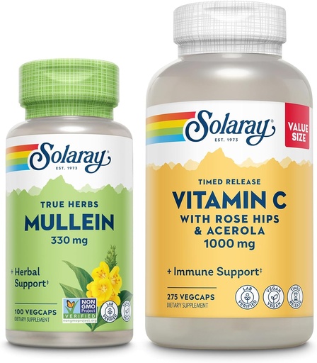 [BRSWYHQTBUMRUG3O] SOLARAY Vitamin C 1000mg and Mullein Leaf Wellness Bundle - Time Release Vitamin C Supplement and Mullein Capsules, Traditionally Used for Wellness Support - Vegan, 60-Day Guarantee, 275/100 VegCaps