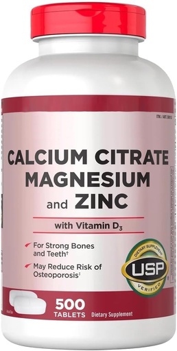 [BRSRGHAZOUBQIELZ] Calcium Citrate 500mg with Magnesium, Zinc and Vitamin D3 - Bone Strength & Immune Support Supplement - Supports Healthy Teeth & Muscle Contraction - USP Verified - 500 Tablets