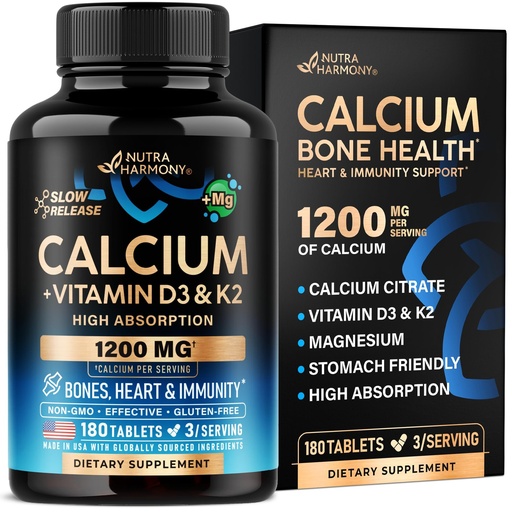 [BRSREZYROAFBSCLD] Calcium 1200 mg with Vitamin D3 - Calcium Citrate Supplements for Women & Men - Bone Health, Strength & Density - High Absorption & Slow Release - Lab Tested, Made in USA - 180 Tablets, 60 Days Supply