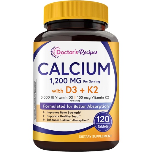 [BRSREGIEBANGAFDB] Doctor's Recipes Calcium 1200mg with Vitamin D3 & K2 as MK7, Max Absorption Calcium Supplements for Bone, Teeth & Immune Support, 120 Tablets