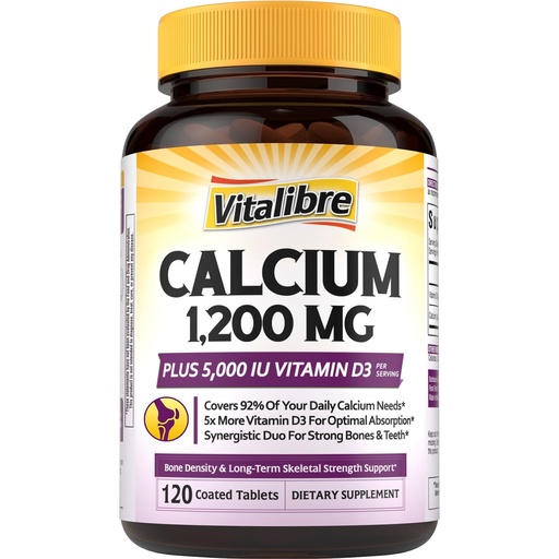 [BRSREZTRBMMGYFLA] Vitalibre Calcium Supplements for Women - Calcium 1200 mg with Vitamin D3 5000IU, Bone Strength Density, Enhanced Absorption Stomach - Friendly Gentle, No Gluten, No Soy, Non GMO, 120 Coated Tablets