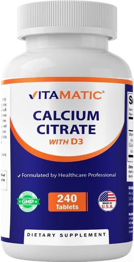[BRSREBT5OENRAC34] Vitamatic Calcium Citrate with Vitamin D3 – 240 Tablets – High Absorption Calcium Citrate with D3 – Non-GMO, Gluten-Free