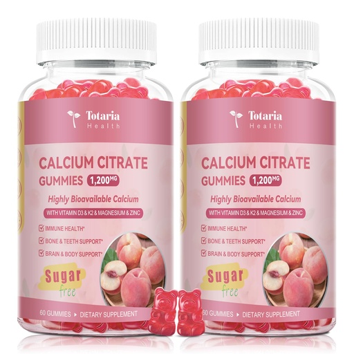 [BRSREZALPINQM3L3] 2 Pack Calcium Citrate Gummies 1200 mg - Calcium Supplements for Women with Vitamin D3 & K2,Magnesium,Zinc - Sugar Free Calcium Gummies for Bone & Teeth & Immune Support- Peach Flavor