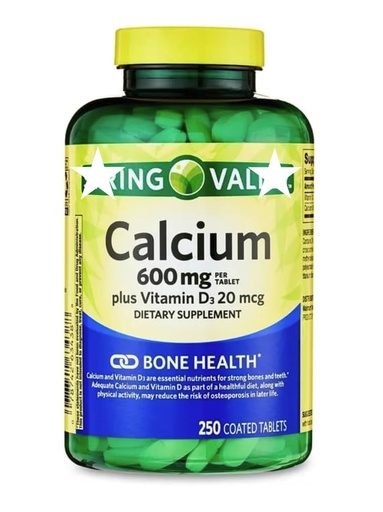 [BRSREGACA4MAO3AV] Calcium Plus Vitamin D Tablets Dietary Supplement, by Spring - Valley Bone Health, VIT D3 20 mcg, 600 mg, 250 Count.