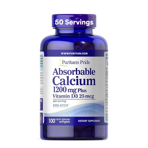 [BRSWIZI2BUGRA2I3] Puritan's Pride Absorbable Calcium 1200 mg Plus Vitamin D3 25mcg 1000 IU With Bone-Active™, Dietary Supplement For Bone Strength, Heart, Nerve, Muscle, And Immune Support, 100 Rapid Release Softgels
