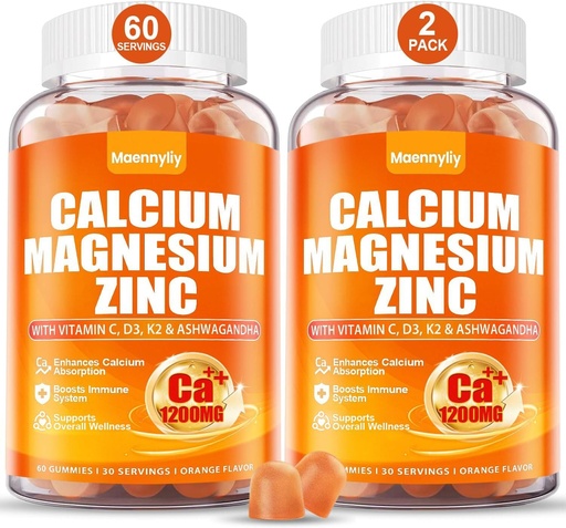[BRSRAZIQCFYRUE34] Calcium 1200 mg with Vitamin D3 Gummies for Adults - Calcium Citrate with Vitamin D3 K2, Magnesium, Zinc, Boron, Copper and Ashwagandha - Extra Absorption Calcium Supplement for Women Men
