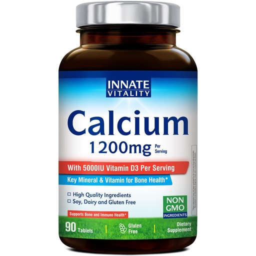 [BRSREGT7BEBBQAY4] Innate Vitality Calcium 1200 mg with Vitamin D3, 5000IU Vitamin D3, Absorbable Calcium Supplement, Non GMO, No Gluten, for Bone, Immunity, 90 Tablets