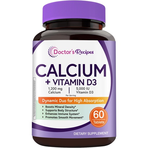 [BRSREFIRDN7GOA3U] Doctor's Recipes Calcium 1200 mg with Vitamin D3, Calcium Supplements for Women & Men, Non-GMO, No Soy, Bone & Immune Support, Calcium Carbonate, Extra Absorption, 60 Tablets