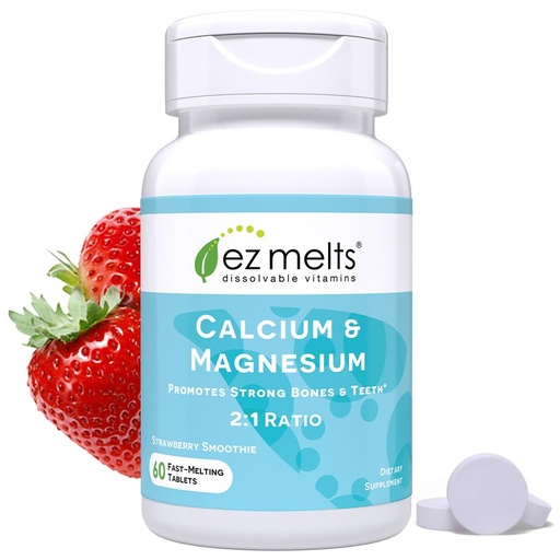 [BRSWIBA7BAEGAFDO] EZ Melts Calcium & Magnesium - Daily Supplement for Heart, Bone, Immune & Brain Health - with Vitamin D3 - Non-GMO & Vegan - Strawberry Smoothie - 60 Dissolvable Tablets (30 Servings)