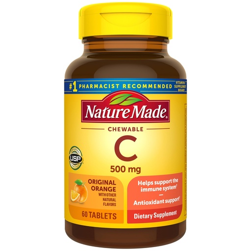 [BRSWIY33A4BGIFY3] Nature Made Chewable Vitamin C 500 mg, Dietary Vitamin C Supplement for Immune Support, 60 Tablets, 60 Day Supply