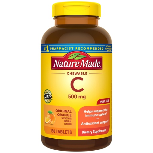 [BRSWK2QMAIMWM2DC] Nature Made Chewable Vitamin C 500 mg, Dietary Vitamin C Supplement for Immune Support, 150 Tablets, 150 Day Supply