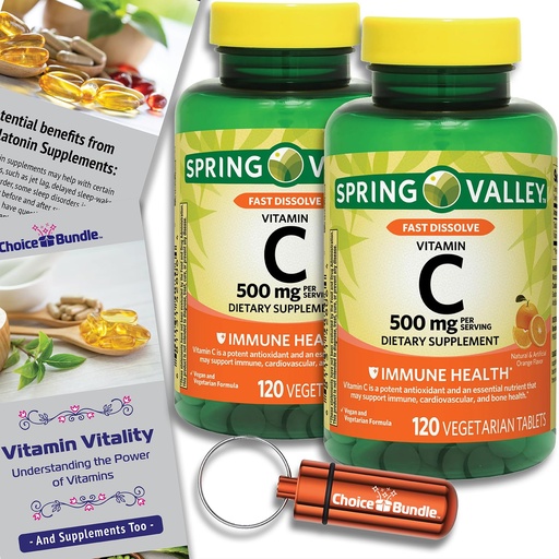 [BRSREAQTOEPBS2Y4] Spring Valley Vitamin C Immune Health Fast Dissolve Chewable Tablets 500 mg 120 Ct 2 Pk (240 Total) + Vitamin Vitality & Pill Container (4 Items)!