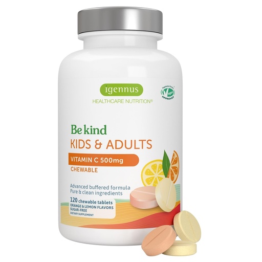 [BRSREZT5OEMGK3IV] Igennus Gentle Buffered Vitamin C Chewable 250-500mg, Kids & Adults, Optimized Absorption with Dual Forms Sodium Ascorbate & Ascorbic Acid, Sugar Free Natural Orange & Lemon Flavors, 120–240 Servings