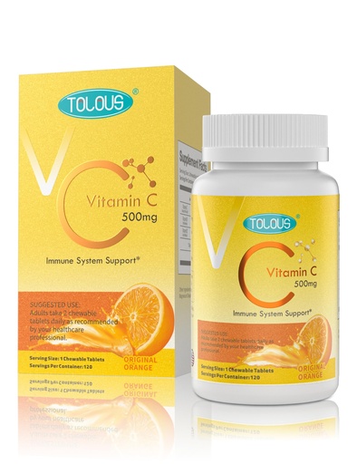 [BRSRACA7CMFBG3A2] 500mg Vitamin C, 120 Chewable Tablets, 60 Day Supply, Supplement for Immune Support, Gluten-Free, Orange Flavor, 1 Pack