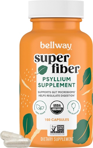 [BRSRMZALBF5AOAD4] Bellway Super Fiber Capsules - USDA Organik Psyllium Husk Capsules - Daily Psyllium Husk Fiber Supplement for Digestive Health and Regularity - Plant Based, Non-GMO, Kosher - 160 Capsules