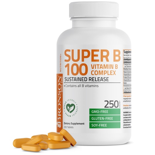 [BRSWIYT7DEDREEDE] Bronson Super B 100 Vitamin B Complex Sustained Release Contains All B Vitamins (Vitamin B1, B2, B3, B6, B9 - Folic Acid, B12) Supports Energy Metabolism & Nervous System Health, Non-GMO, 250 Tablets