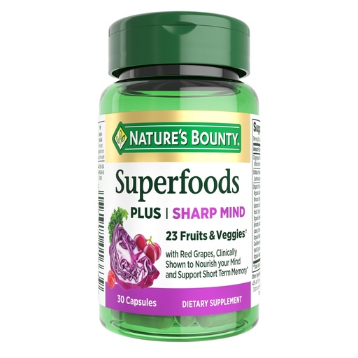 [BRSREYIODIIBUDLZ] Nature’s Bounty Superfoods Plus Sharp Mind for Brain Health, Memory; Focus, Superfoods With 23 Fruits & Veggies plus Red Grapes - Cognitive Supplement, 30 Capsules