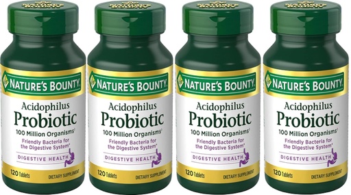 [BRSWIYYOOQMAMA36] Nature's Bounty Probiotics Dietary Supplement, Supports Digestive and Intestinal Health, Probiotic Acidophilus, 120 Tablets, Pack of 4