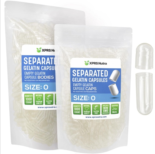 [BRSW2H36CACQO2A4] XPRS Nutra Gelatin Size 0 Separated Capsules - 1000 Count Clear Empty Capsules Separated in Bags - Size 0 Gelatin Clear Gel Caps for DIY Supplement Filling