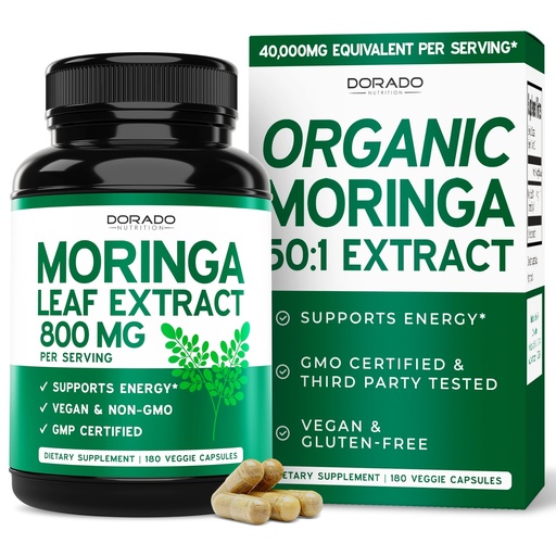 [BRSRACYPDEIRQDY6] Organic Moringa Capsules 40,000mg (3 Month Supply) Pure Organic Moringa Leaf Powder Supplement - Energy, Skin, Gut Health Support - Vegan Safe, Third Party Tested & Non GMO - USA Made - (180 Capsules)