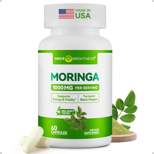 [BRSREGT6OIPGCD3D] Inner Brightness Moringa Capsules 1000mg Per Serving – 10:1 Moringa Leaf Extract Green Superfood for Energy & Immune Support – Vegan, Non-GMO, 60 Count, Made in USA