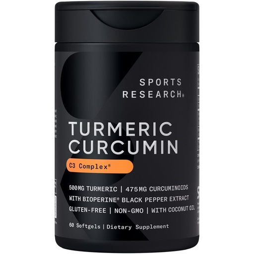 [BRSWIGAOA56WAD36] Sports Research® Turmeric Curcumin C3 Complex® w/BioPerine Black Pepper Extract & Organic Coconut Oil - Standardized 95% Curcuminoids · Non-GMO · Gluten Free - 60 Count Softgels