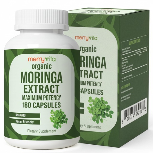 [BRSREAQTAEBWYE37] MERRY VITA Organic Moringa Capsules – Moringa Oleifera Leaf Extract – Moringa Supplement – Maximum Potency Green Superfood – Immune & Antioxidant Support – Vegan, Non-GMO – Made in USA – 180 Capsules