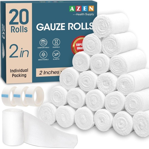 [BRSROEI7OQFBUET5] AZEN 20 Pack Gauze Rolls Bandages, 2 in x 4.1 Yards, Premium Medical Supplies & First Aid Supplies, Bandage Wrap Vet Wrap