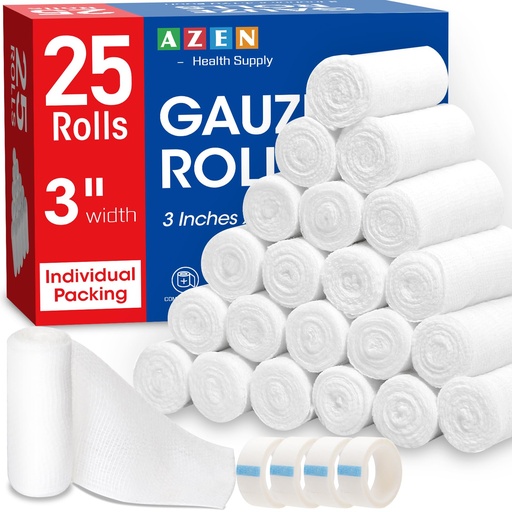 [BRSROHY2CUIAKDQY] AZEN 25 Pack Gauze Rolls Bandages, 3 in x 4.1 Yards, Premium Medical Supplies & First Aid Supplies, Bandage Wrap Vet Wrap, Mummy Wraps