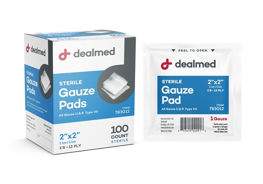[BRSWKEYCAAFBA2L2] Dealmed 2’’ x 2’’ Sterile Gauze Pads (100 Count) Disposable and Individually Wrapped Medical Gauze Pads, Wound Care Product for First Aid Kit and Medical Facilities (Pack of 1)